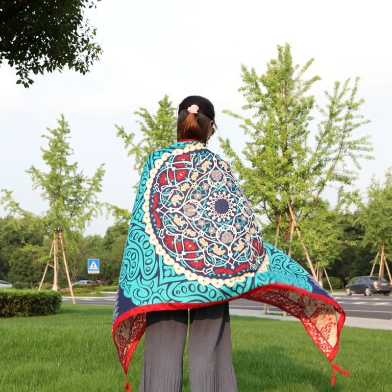 Silk Scarf Women's Summer Seaside Beach Sunscreen Shawl Scarf Dual-use  Long Ethnic Style Plus Size Travel Silk Scarf