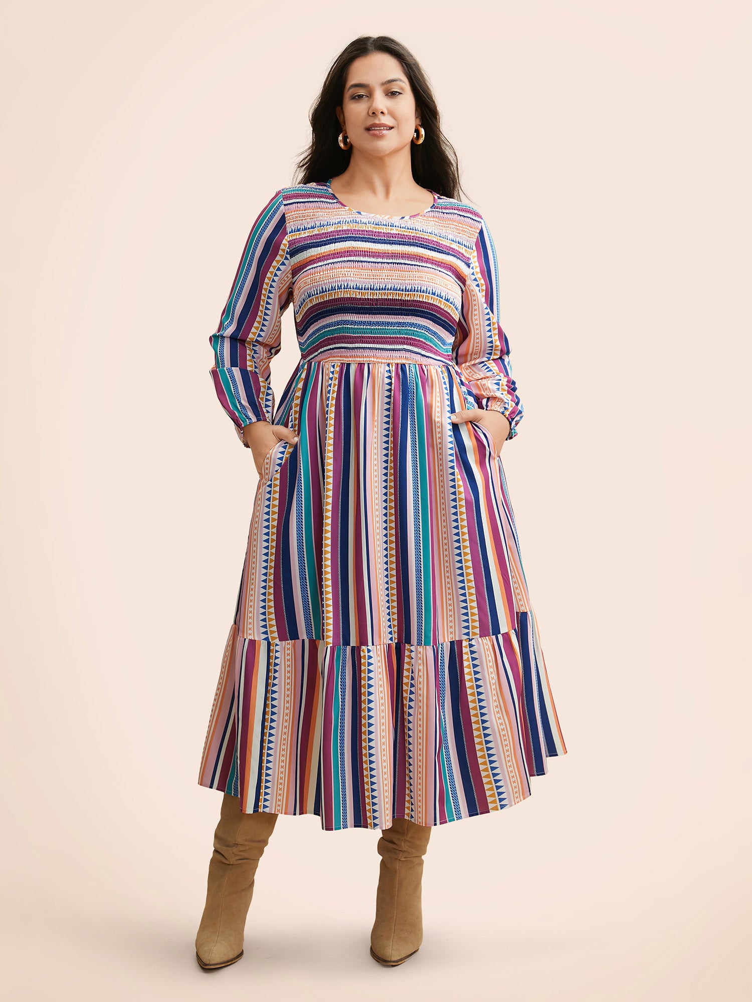 Contrast Striped Shirred Ruffle Hem Dress