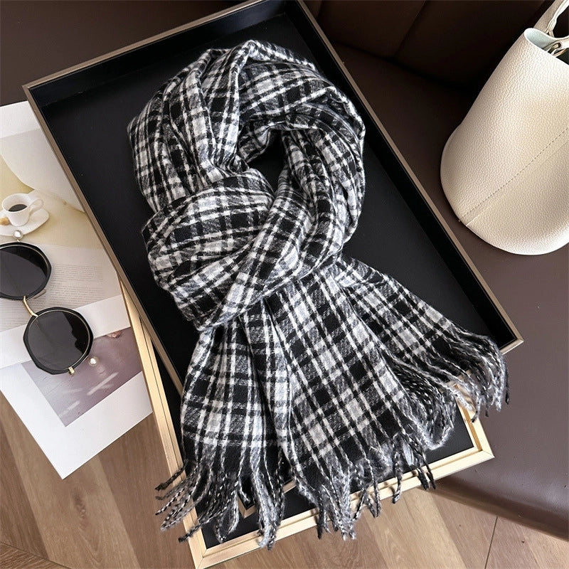 Retro Cashmere-like Plaid Warm Shawl Scarf Unisex Autumn And Winter Fashion All-Matching Tassel Scarf
