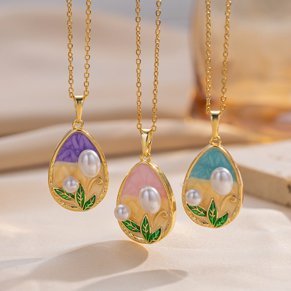 Medieval Monet Garden Necklace Copper Micro-Inlaid Pearl Beads Retro Oil Painting Style Clavicle Chain