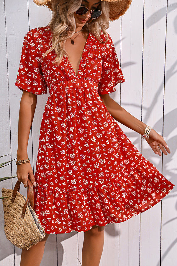 Floral Print V Neck Casual Mini Dress