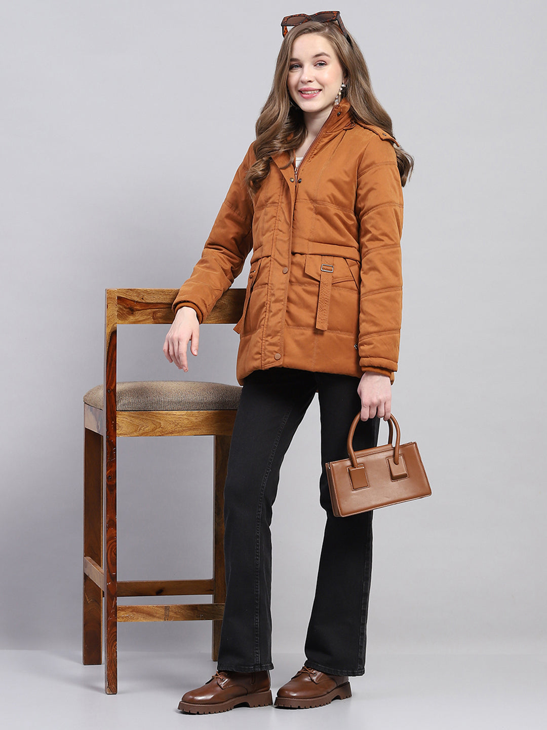 Women Rust Solid Detachable Hood Full Sleeve Jacket