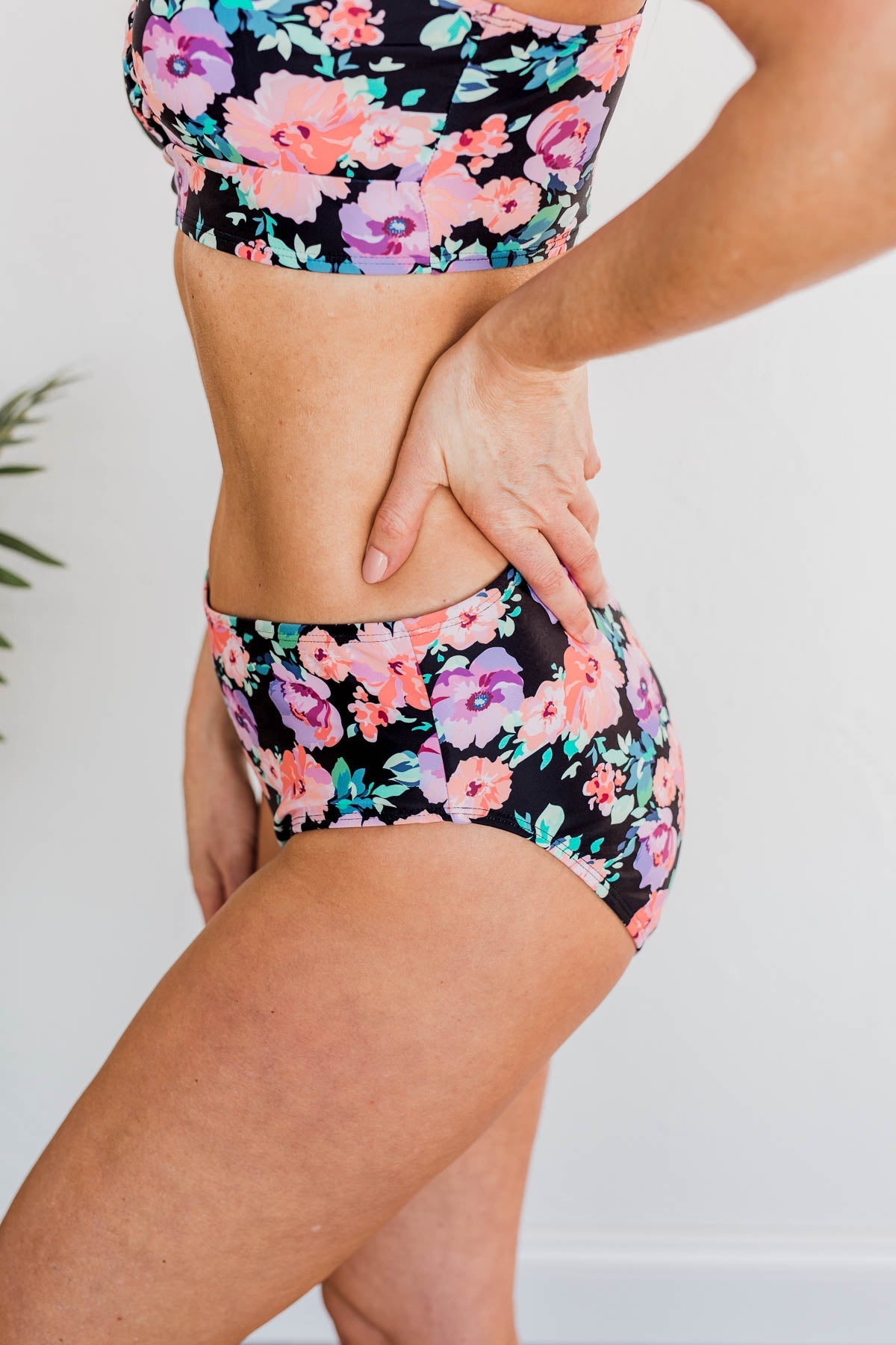 Bask In The Sun Mid-Rise Swim Bottoms- Black Floral