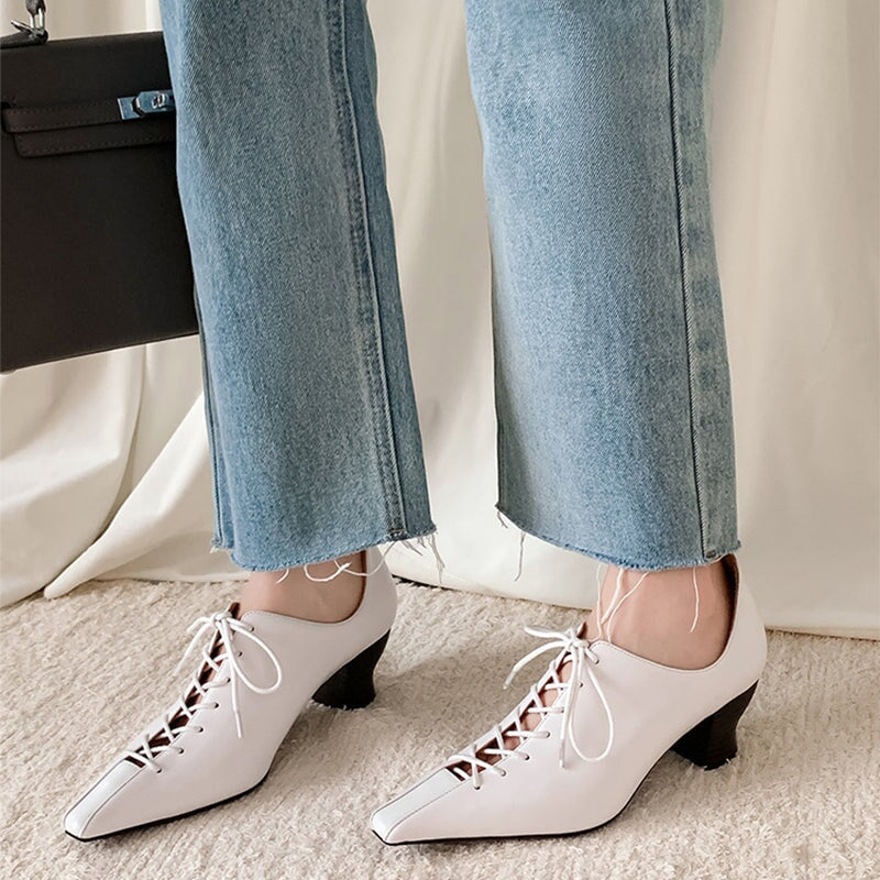 55mm Kitten Heel Cross Strap Horsehide Point Toe Oxford Tie Pumps in Beige/Black/Brown