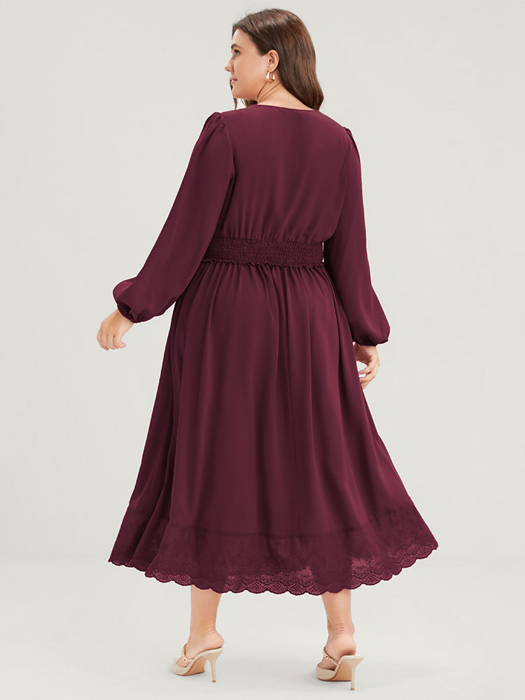 Solid Pocket Lantern Sleeve Patchwork Ruffled Shirred Dress