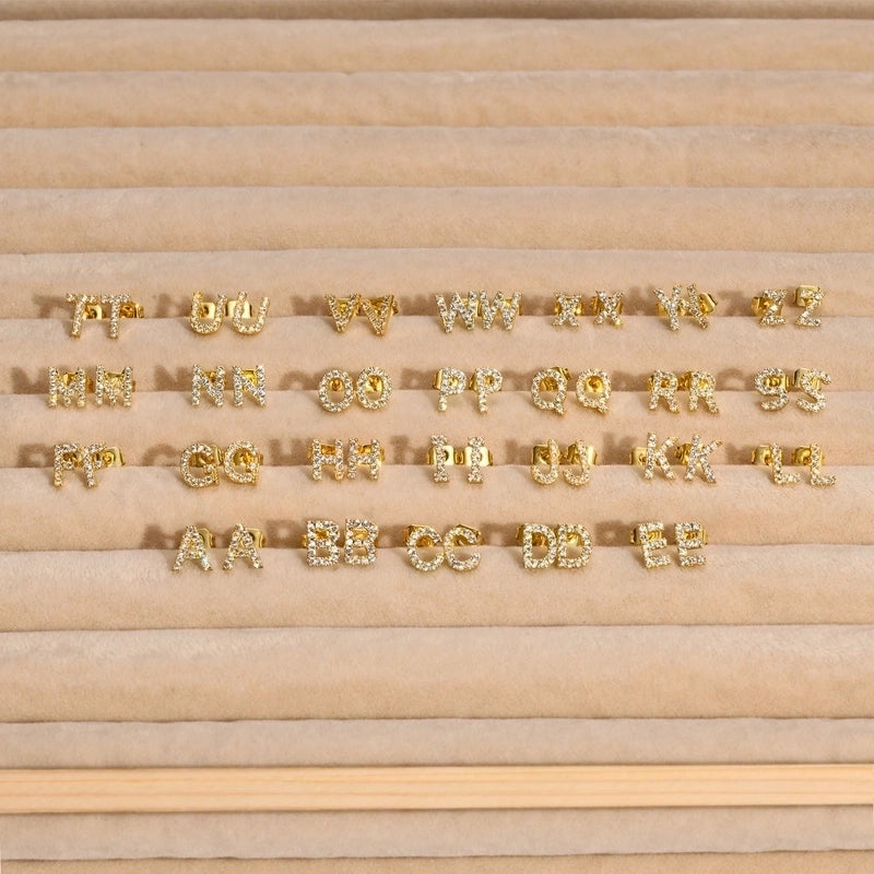 1 Pair Minimalist Letter Inlay Copper Zircon Ear Studs