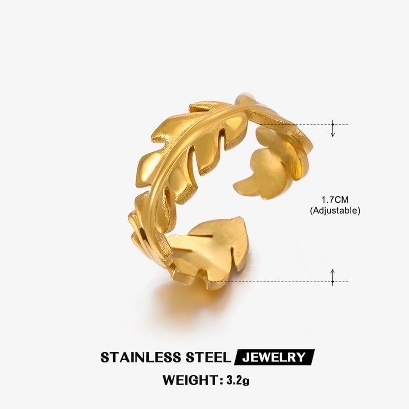 304 Stainless Steel 18K Gold Plated Minimalist Plating Leaf Open Ring