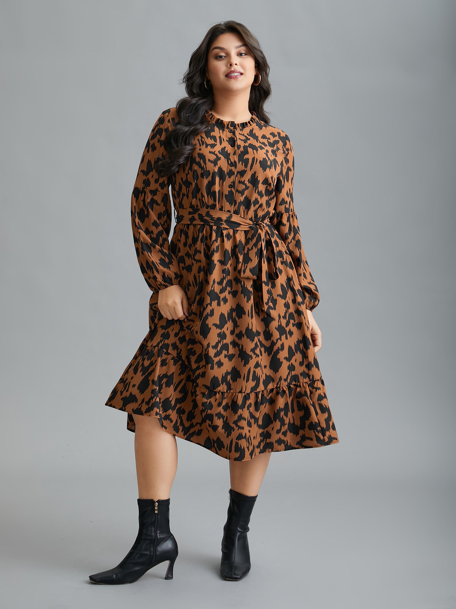 Leopard Print Stretchy Waist Belted Dress