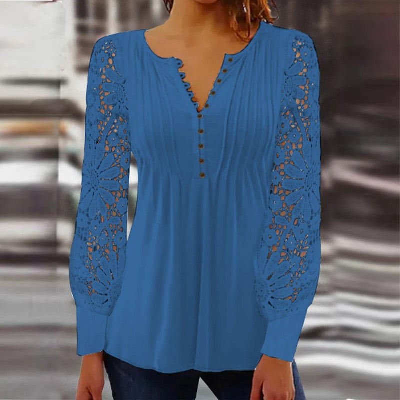 💥Sale 49% discount💕Blouse with floral pattern, long sleeve, V-neckline and lace
