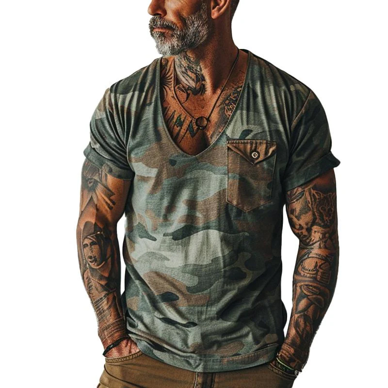 Men's Vintage Camo Print V-Neck Chest Pocket Short Sleeve T-Shirt