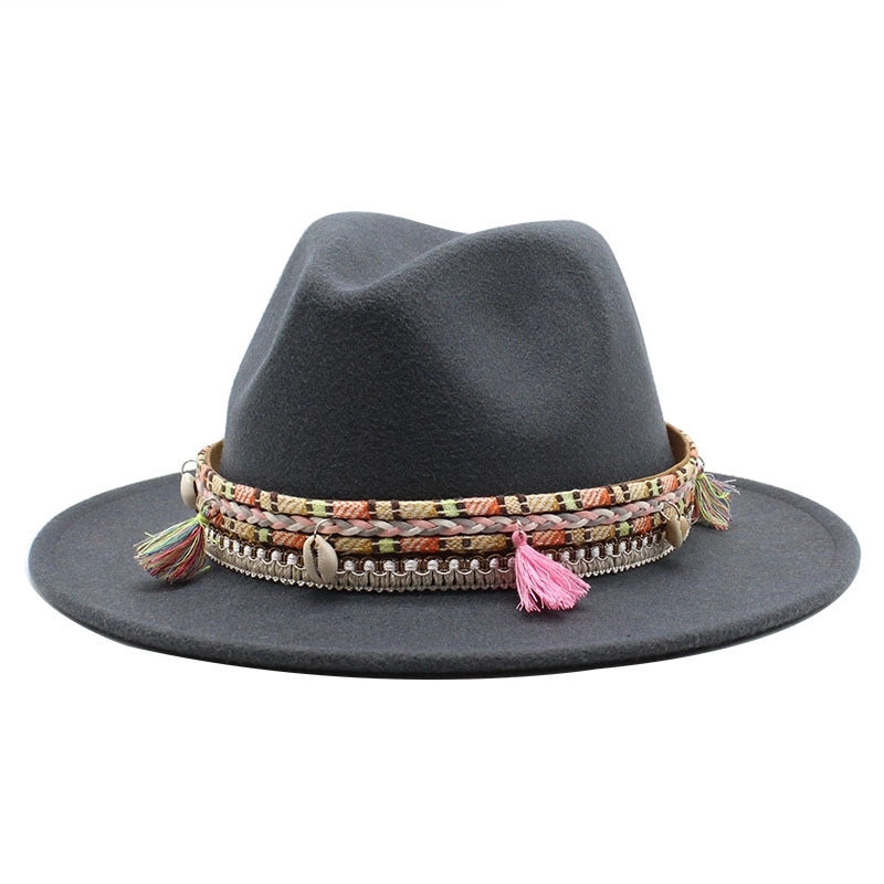 Hot Sale Woolen Hat Tassel Ethnic Style Jazz Hat Retro Flat Brim Big Brim Hat