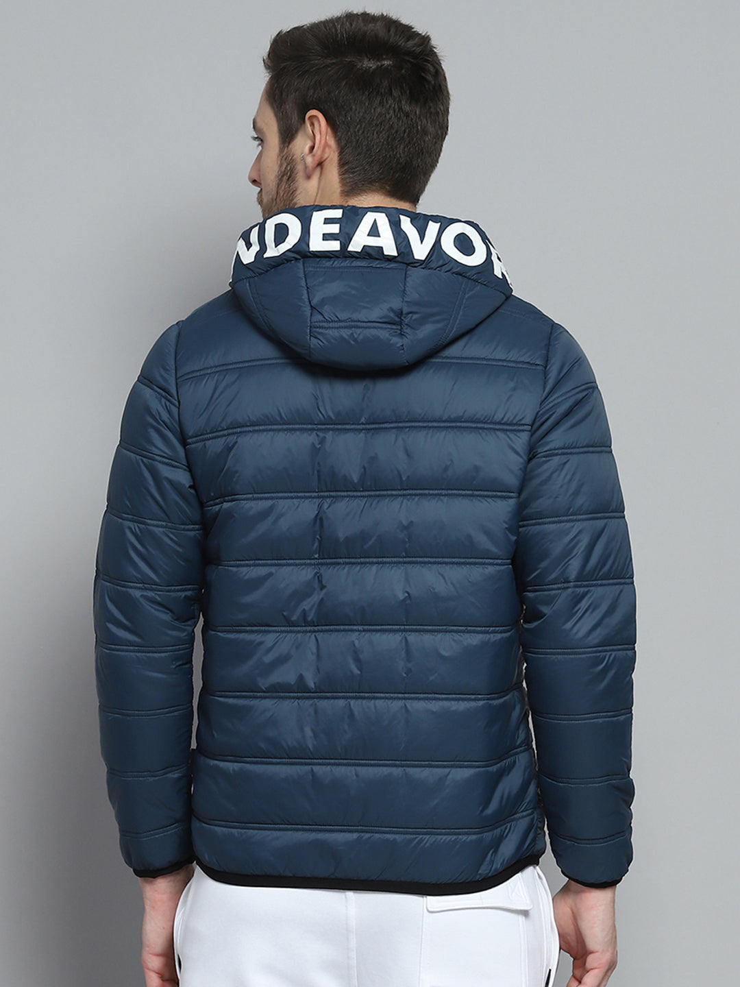 Men Blue Printed Hooded Full Sleeve Jacket