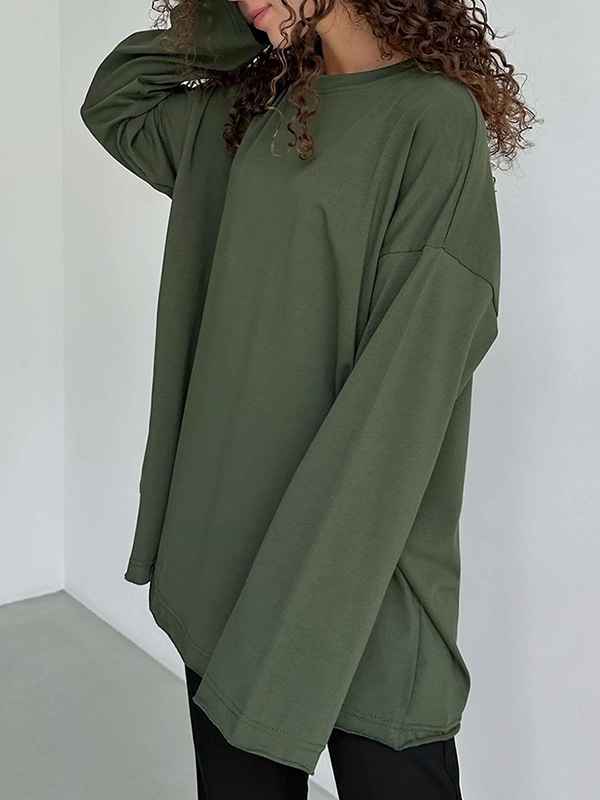 Long Sleeves Loose Solid Color Round-Neck T-Shirts Tops