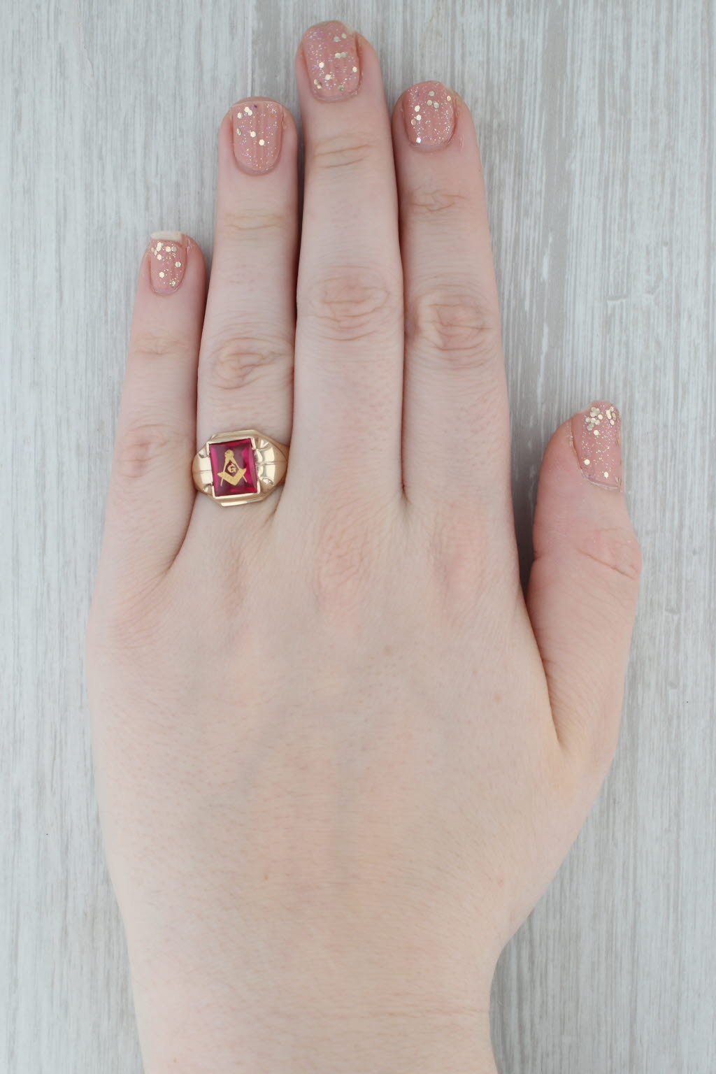 Masonic Signet Ring Lab Created Ruby 10k Gold Size 8.5 Blue Lodge Square Compass