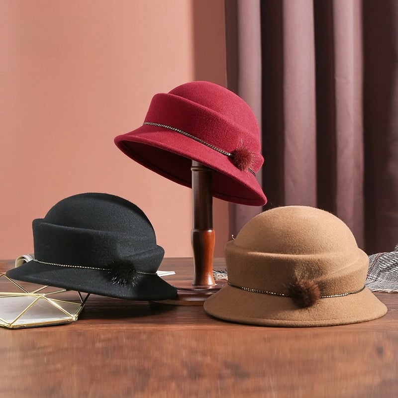 5 Pieces Autumn And Winter Hat Female Bowler Hat Pure Wool Woolen Hat Shaping Hat Elegant Mink Fur Ball Bright Beads Decoration 1215