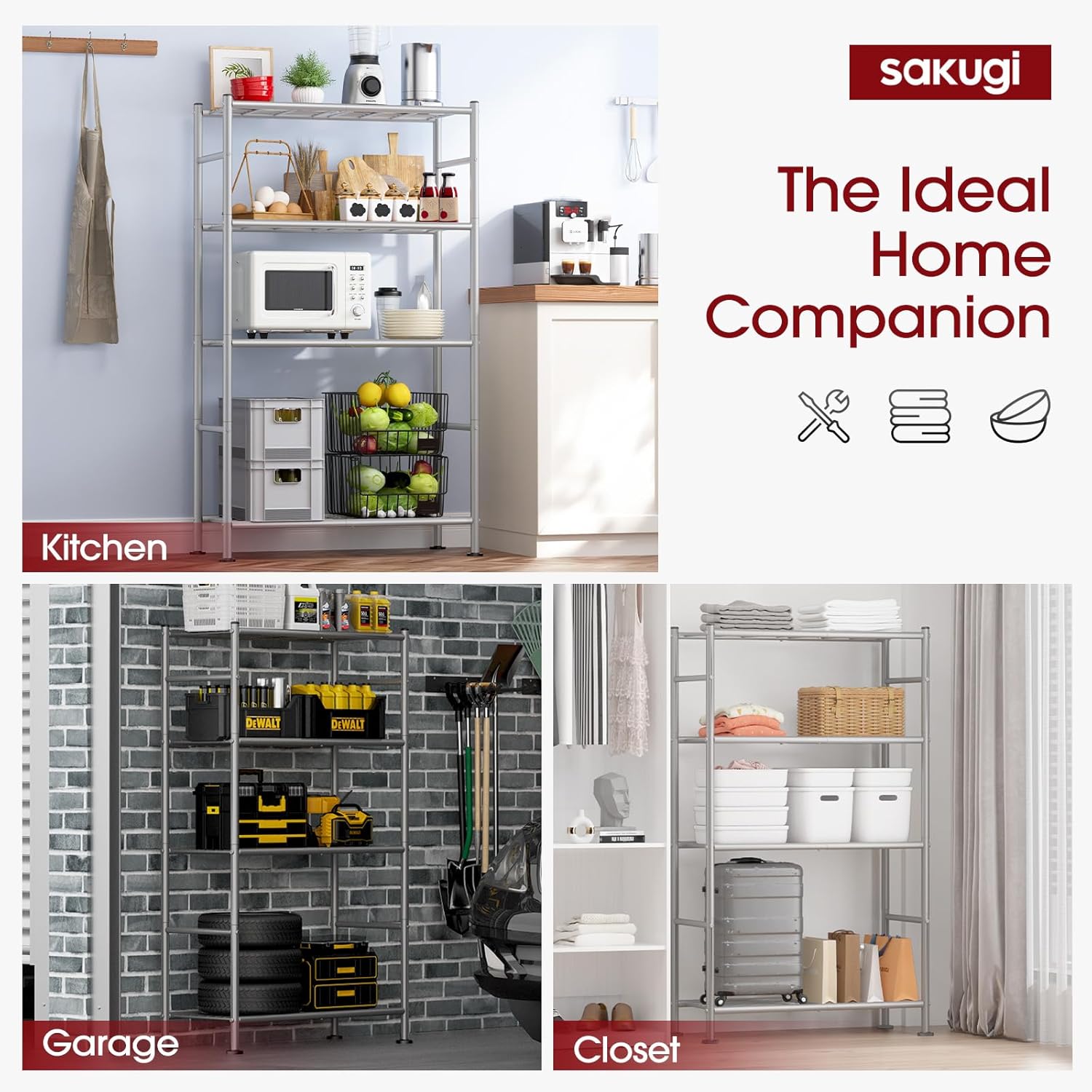 Storage Shelves - 5 Tier Shelf Organizer, Heavy Duty Garage Shelving Unit with Leveling Feet, Stable Metal Shelves Organizer for Pantry, Kitchen and Closet, 33.0