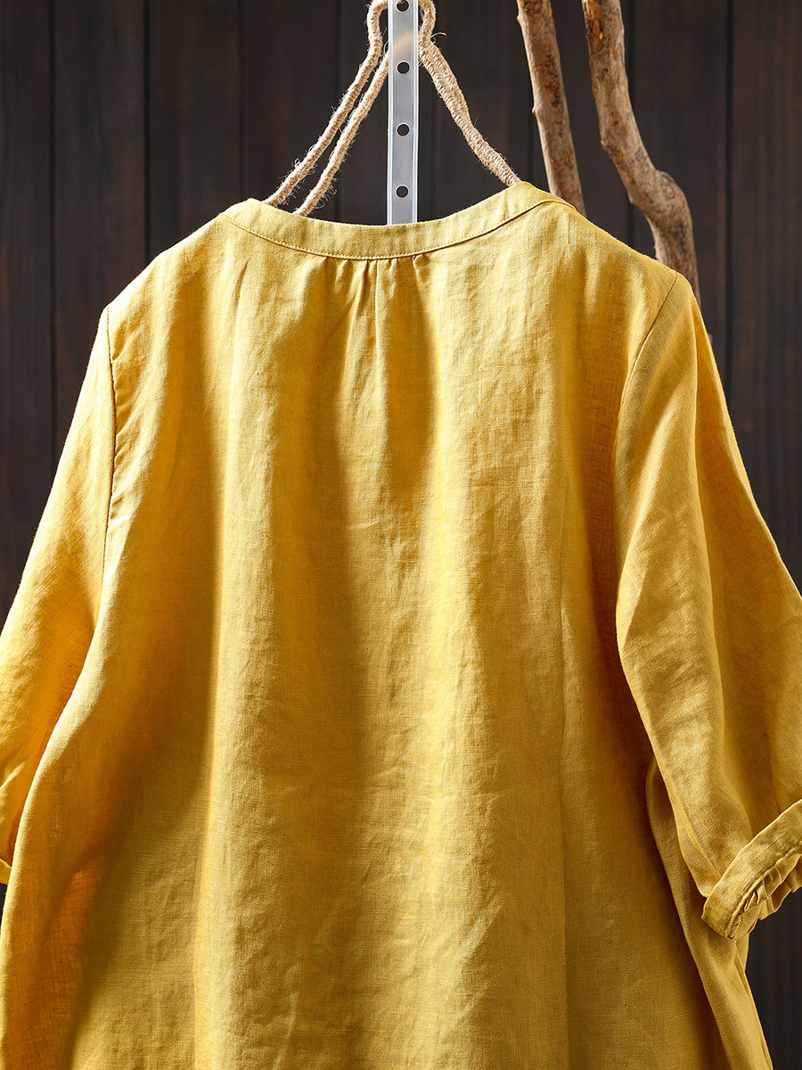 Women Summer Pure Color Button 100%Linen O-Neck Shirt