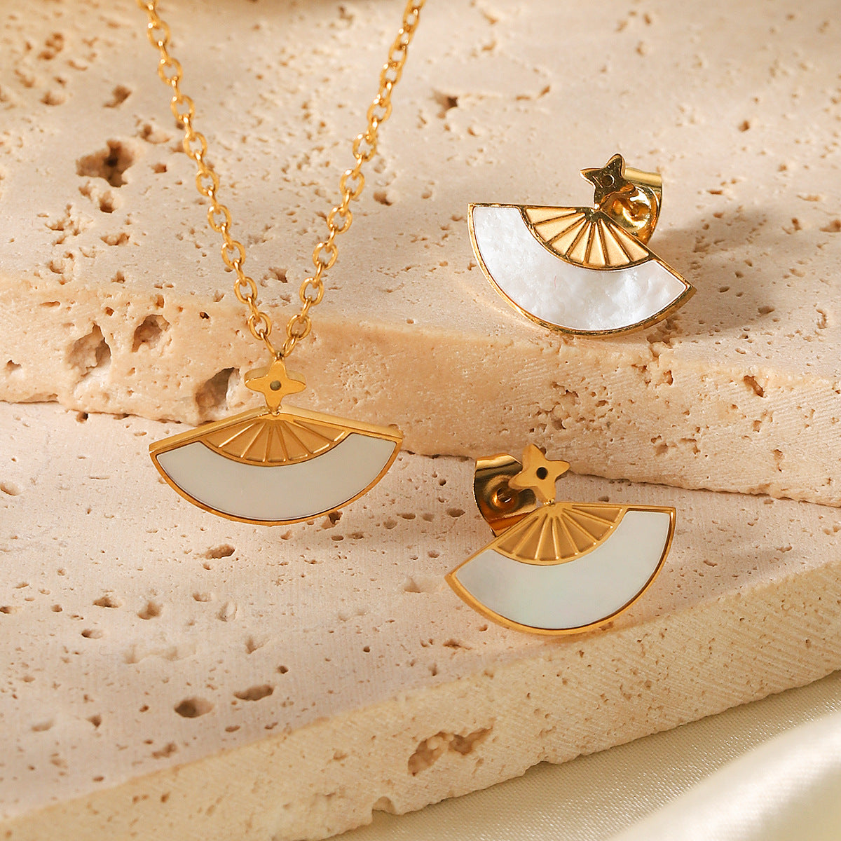 Stainless Steel Fan-Shaped White Shell Pendant Necklace For Women Niche Design Titanium Steel Earrings
