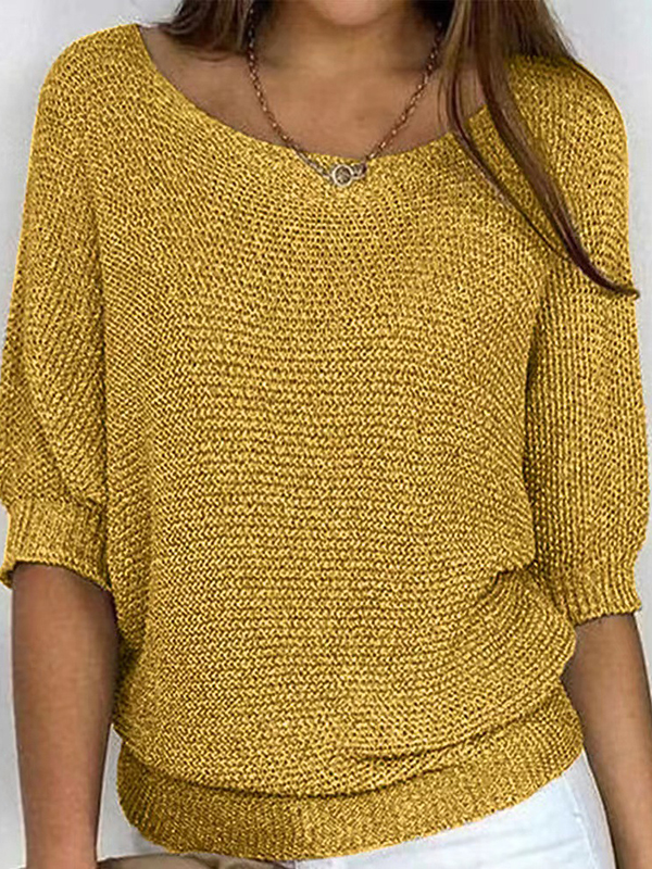 Loose Plus Size Solid Color Split-Joint Round-neck Sweater Tops