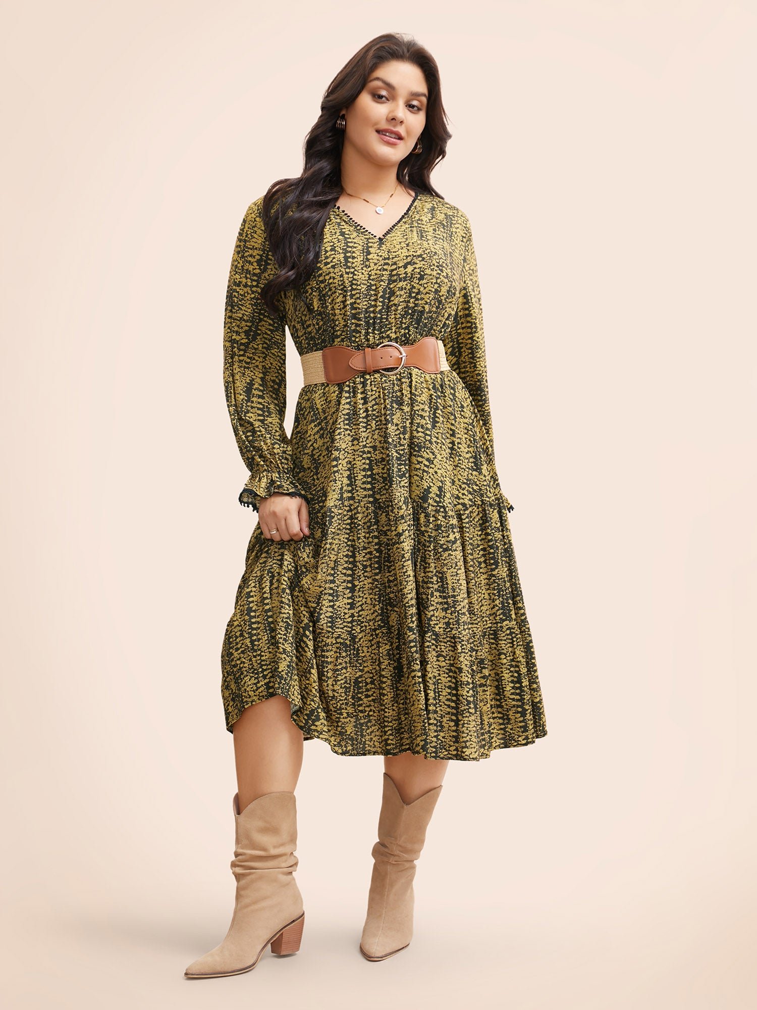 Geometric Print Pompom Trim Ruffles Dress