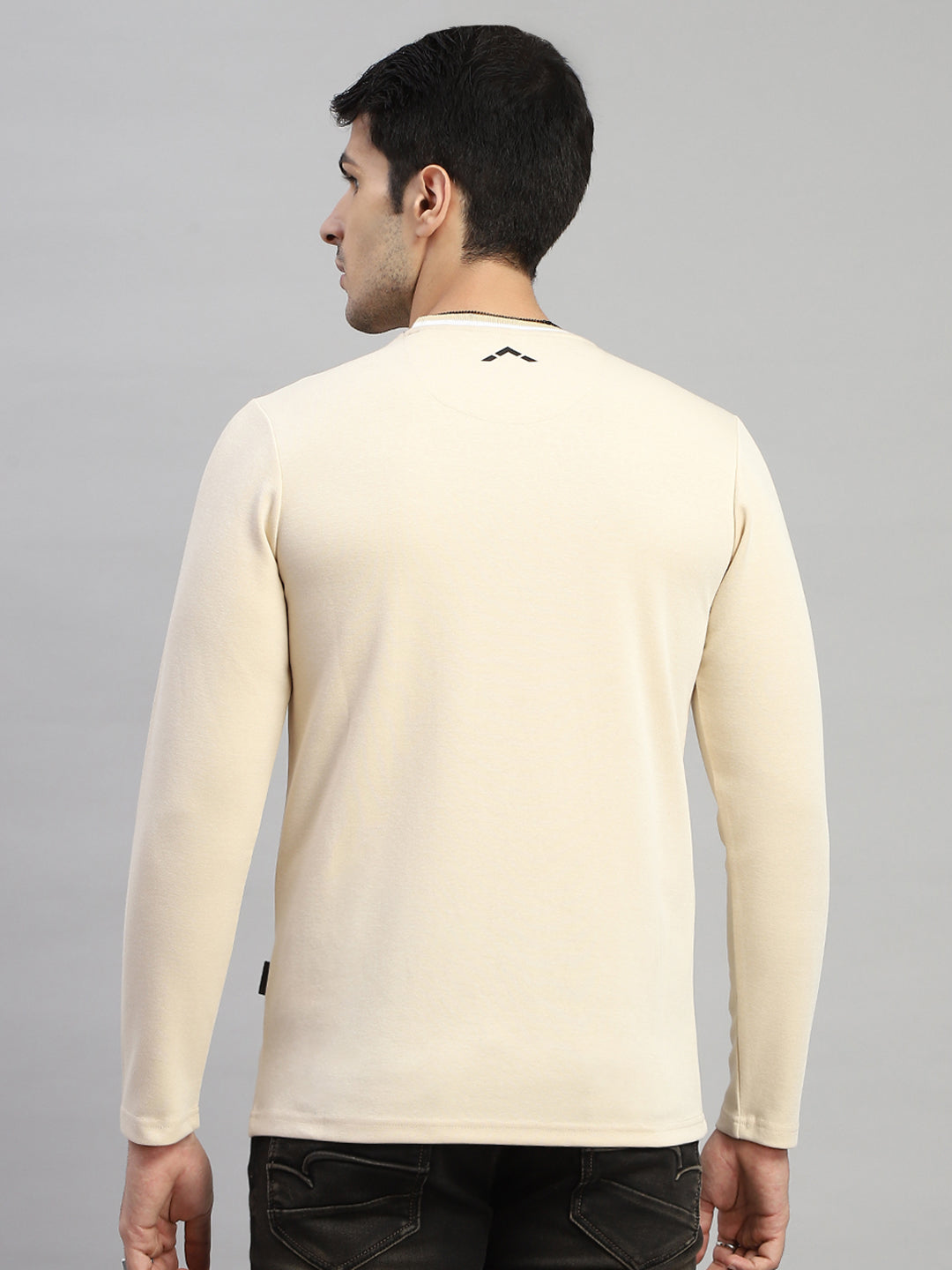 Men Cream Solid Round Neck Full Sleeve T-Shirt