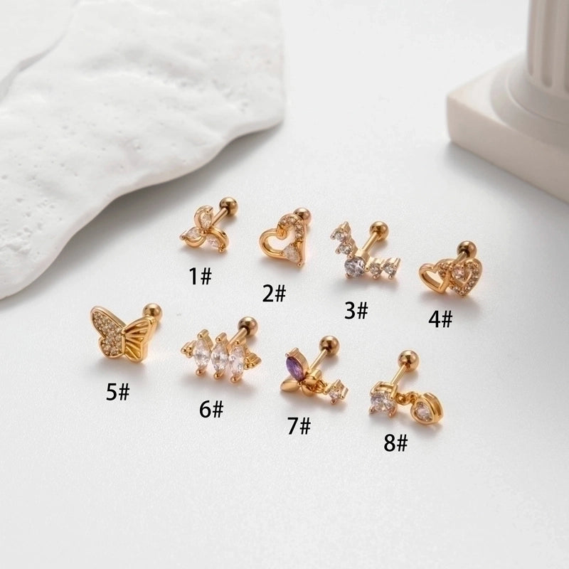1 Piece Ear Cartilage Rings & Studs Korean Style Heart Shape Butterfly Copper Plating Inlay Zircon