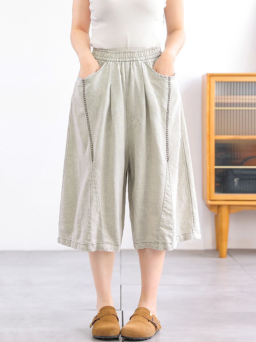 Women Casual Pure Color 100%Linen Wide-leg Cropped Pants