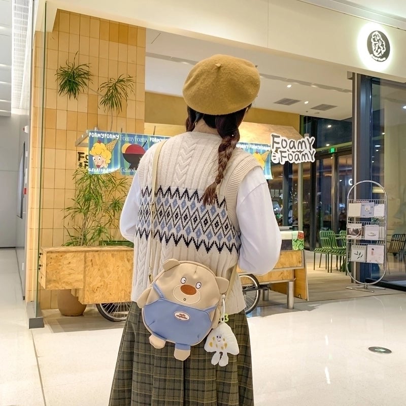 Women's Nylon Bear Cute Sewing Thread Zipper Shoulder Bag