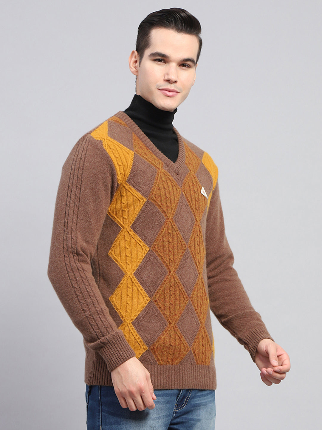 Men Brown Self Design V Neck Full Sleeve Pullover