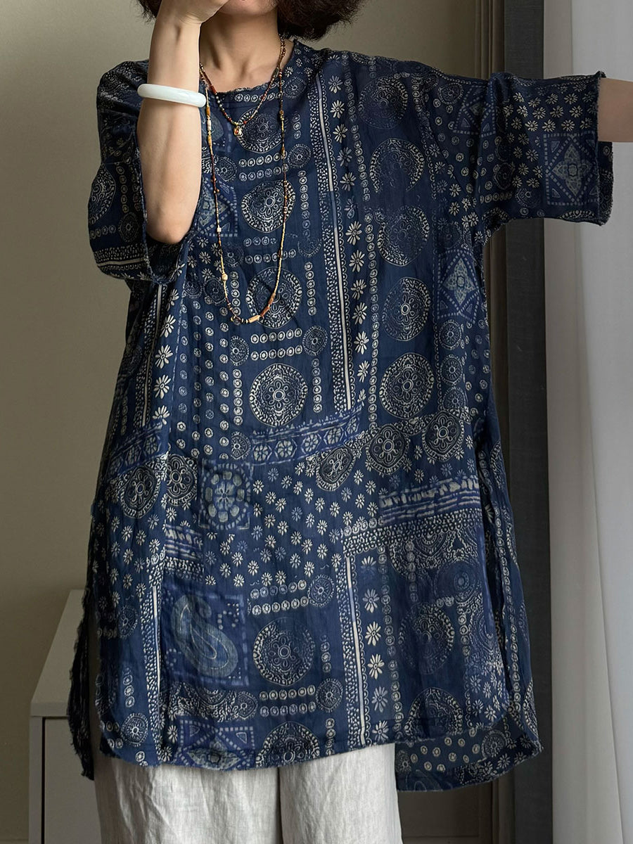 Women Summer Vintage Flower O-neck 100%Raime Shirt