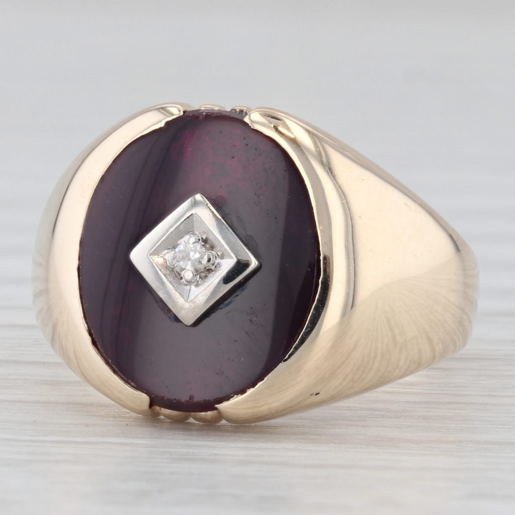 Vintage Lab Created Ruby Diamond Signet Ring 10k Yellow Gold Size 7.5