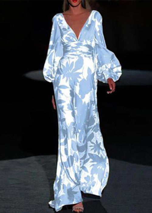 French Rose V Neck Print Cotton Long Dresses Long Sleeve Summer