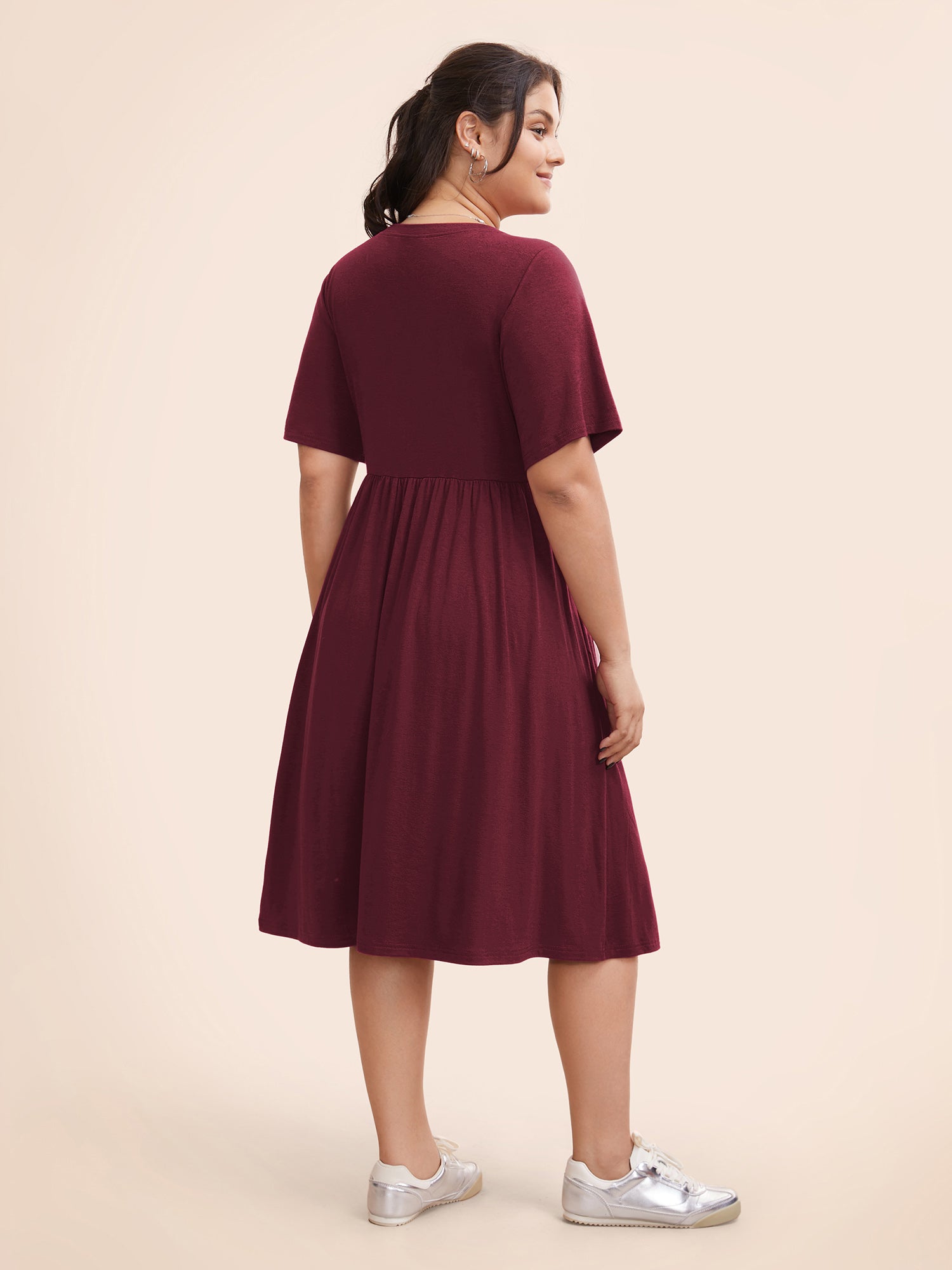 Supersoft Essentials Solid Pleated Round Neck Midi Dress