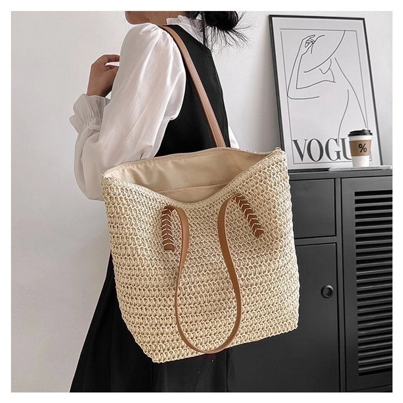 Women's Straw Solid Color Vacation Streetwear Square Zipper Beach Bag
