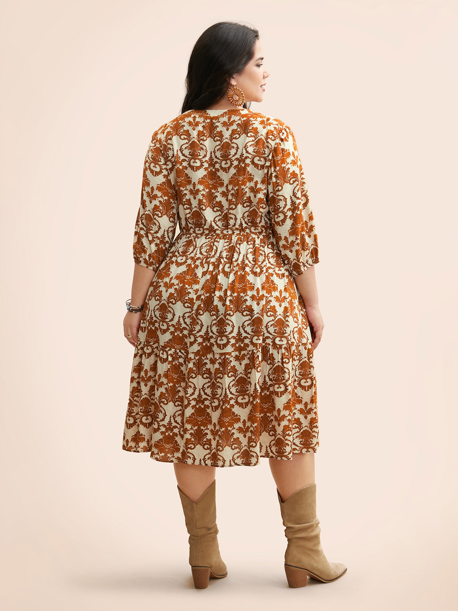 Boho Print Tie Knot Puff Sleeve Dress