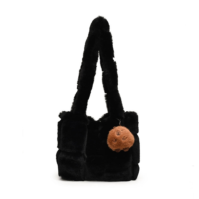 Women's Plush Solid Color Classic Style Square Magnetic Buckle Shoulder Bag Crossbody Bag