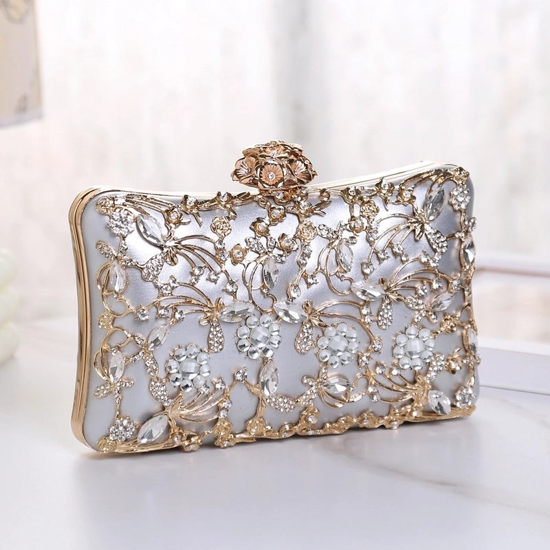 Black Gold Champagne Polyester Flower Rhinestone Pillow Shape Clutch Evening Bag