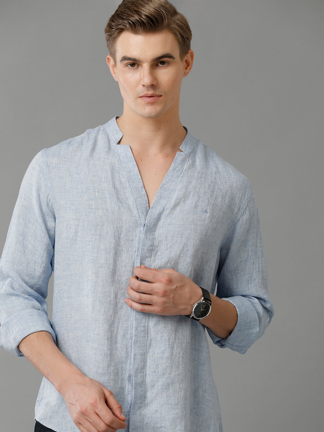 Mens Regular Fit Solid Blue Casual Linen Shirt (LAUNI)