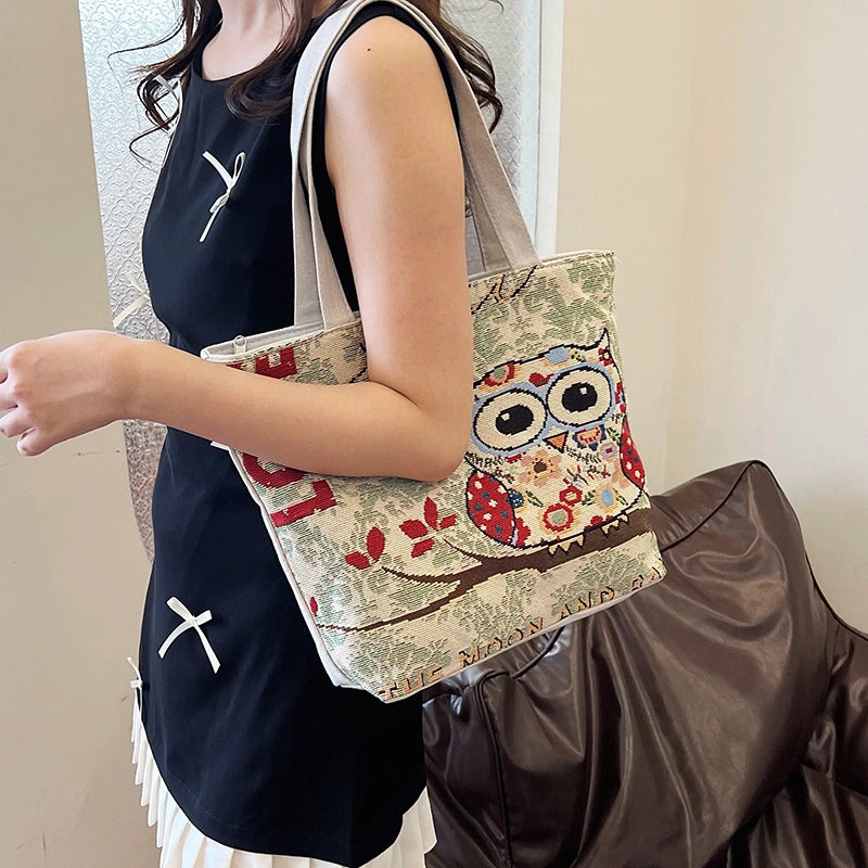 Women's Canvas Owl Classic Style Sewing Thread Square Open Tote Bag