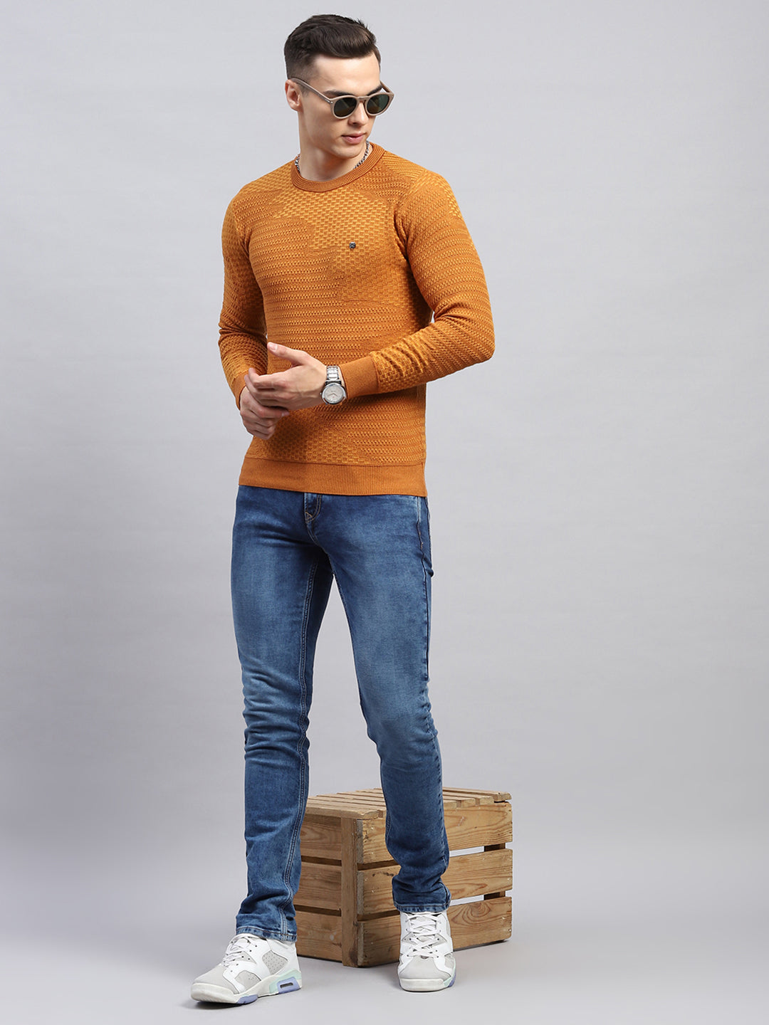 Men Rust Self Design Round Neck Full Sleeve Pullover