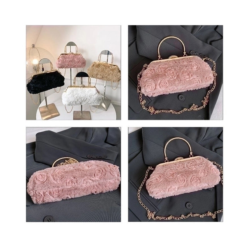 Women's Small Plush Solid Color Streetwear Shell Lock Clasp Shoulder Bag Crossbody Bag Chain Bag