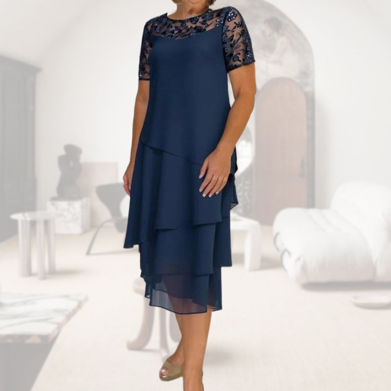 Abito midi svasato a strati in rete da donna