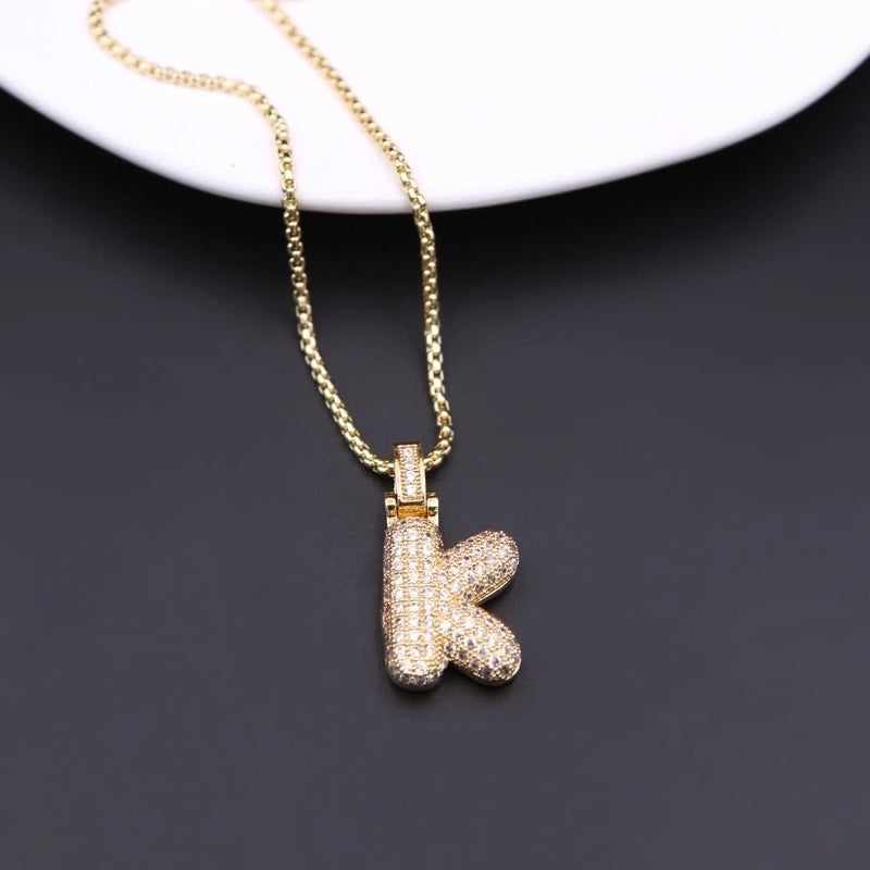 Copper Minimalist Shiny Plating Hollow Out Inlay Letter Zircon Pendant Necklace