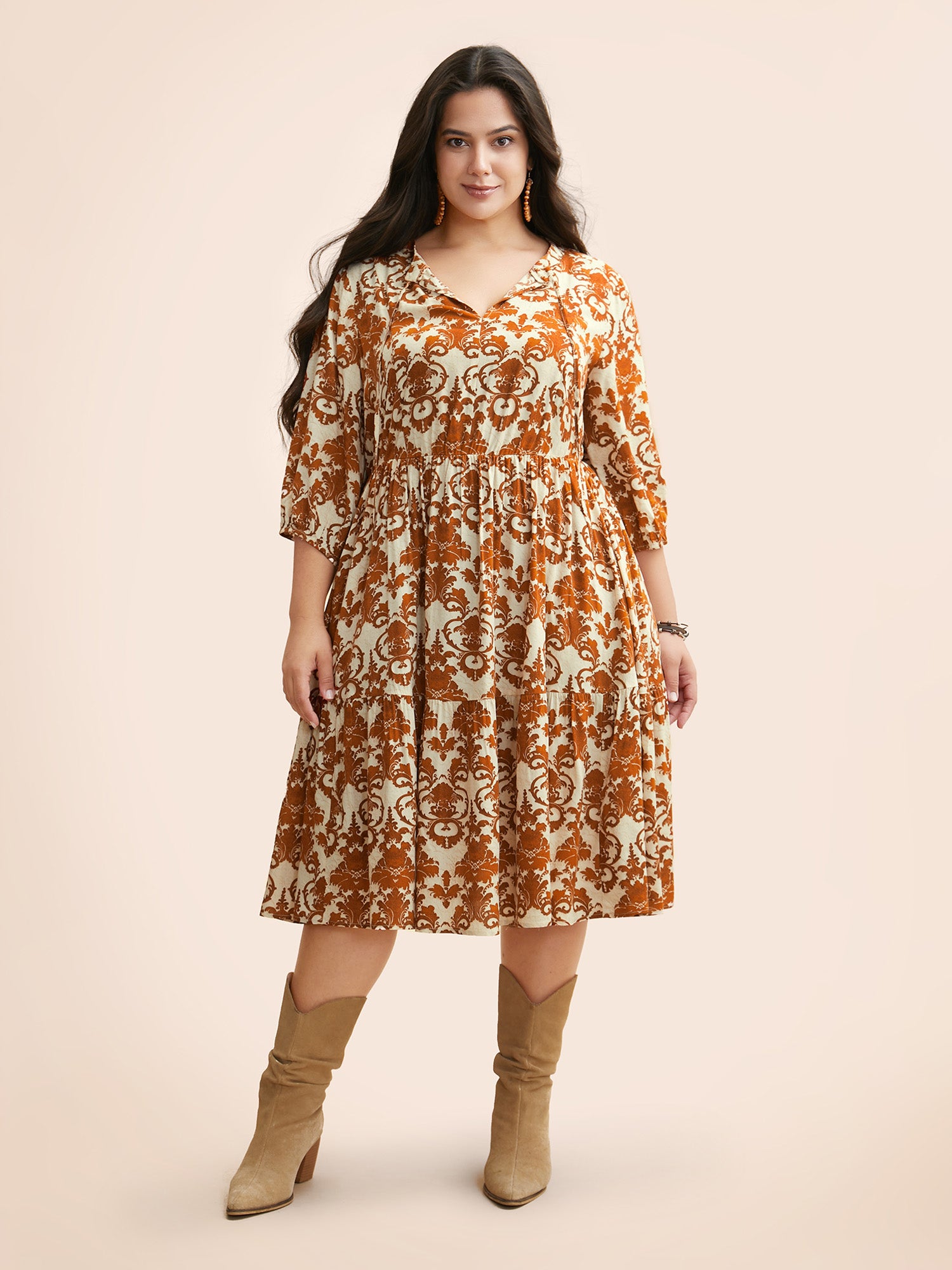 Boho Print Tie Knot Puff Sleeve Dress