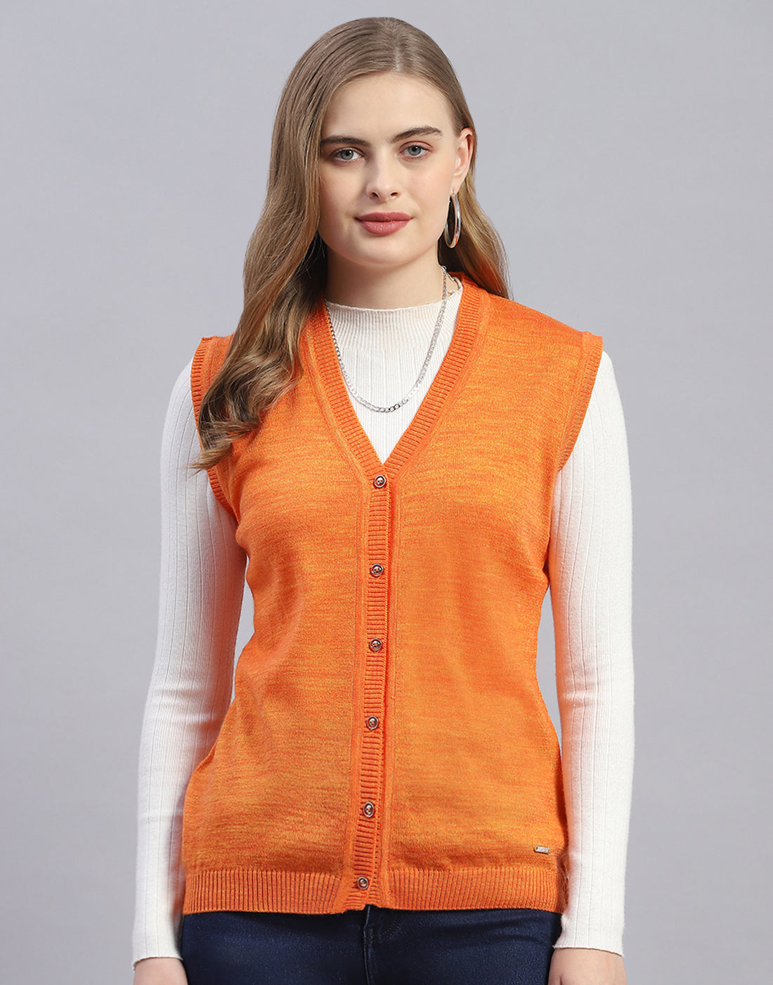 Women Orange Solid V Neck Sleeveless Cardigan