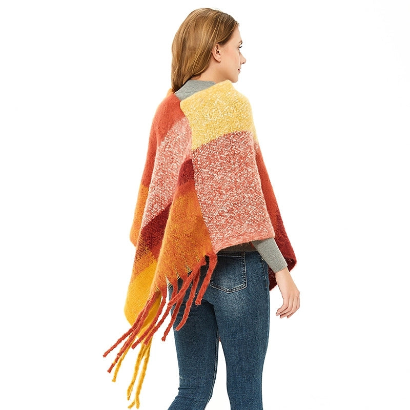 Hot Style New Autumn And Winter Women's Shawl Thick Tassel Loop Yarn Large Plaid Cloak