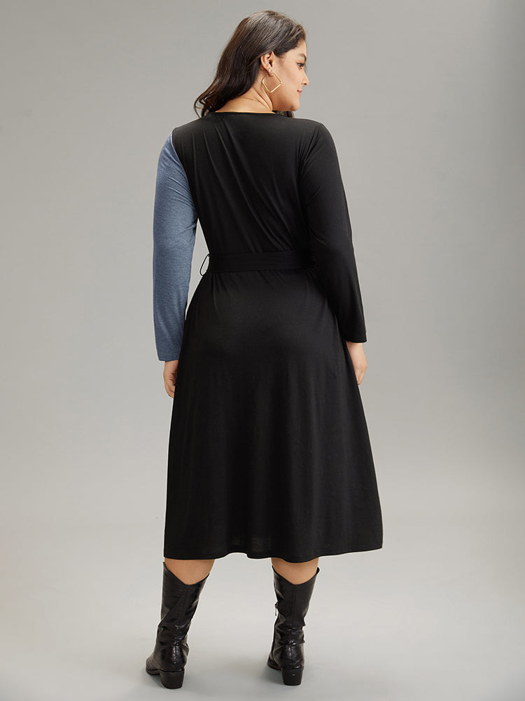 Colorblock Patchwork Belted Pocket Long Sleeve Dress
