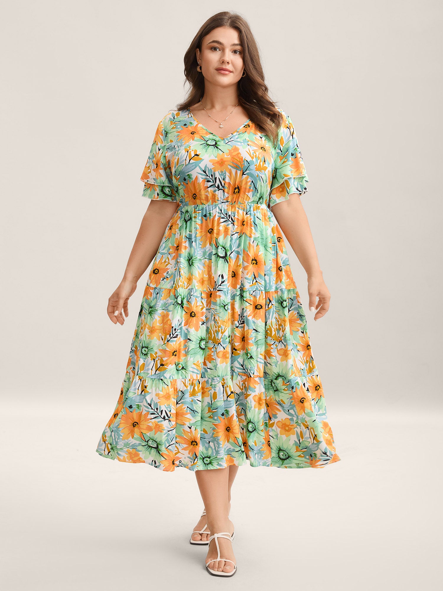 Floral Print Rayon Pockets Tiered Midi Dress
