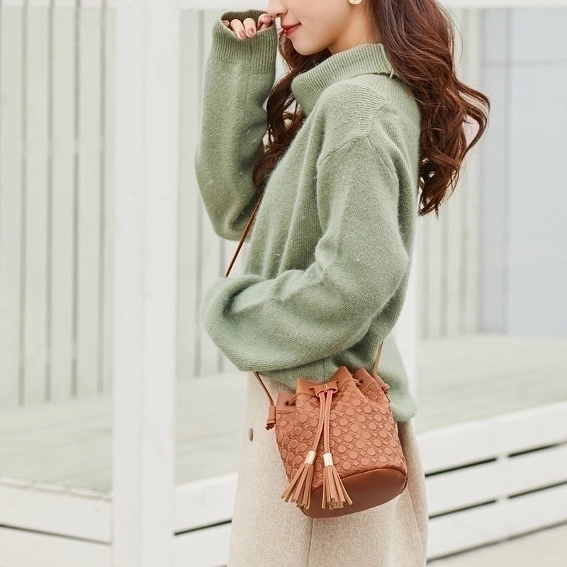 Fashion Embossed Double Tassel Bucket New Crossbody Shoulder Bag