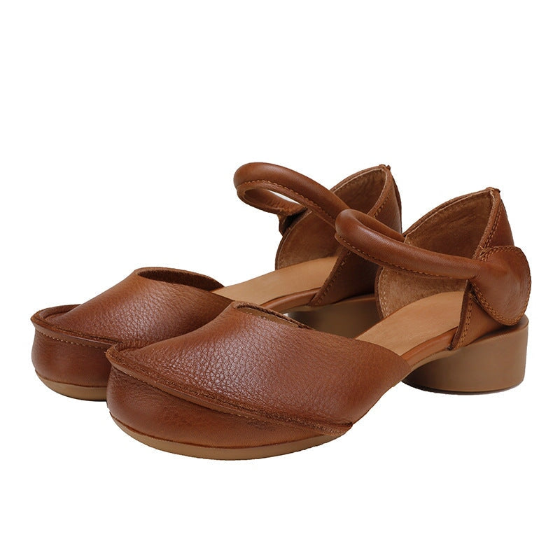 Retro Soft Leather Ankle Strappy Sandals Handmade Closed Toe in Brown/Black